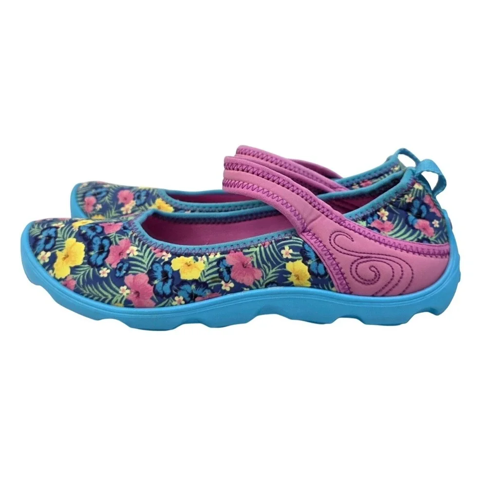 Crocs Mary Jane Flats Girls Floral Print Pink Blue Rubber Shoes Size 13